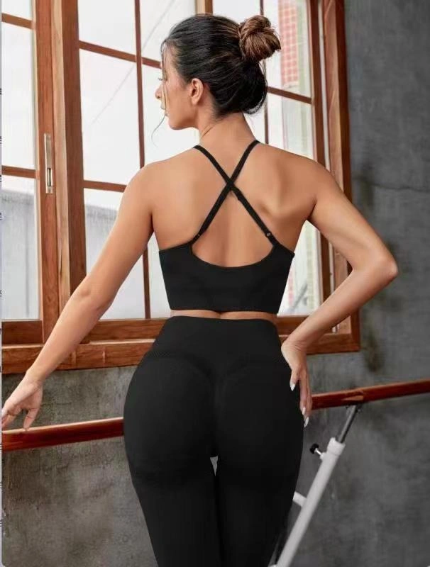 Gradient Color Change Hollow out Two-Piece Yoga Suit Ladies Sports Pants Gym Cross Vest and Leggings Ywqt0153